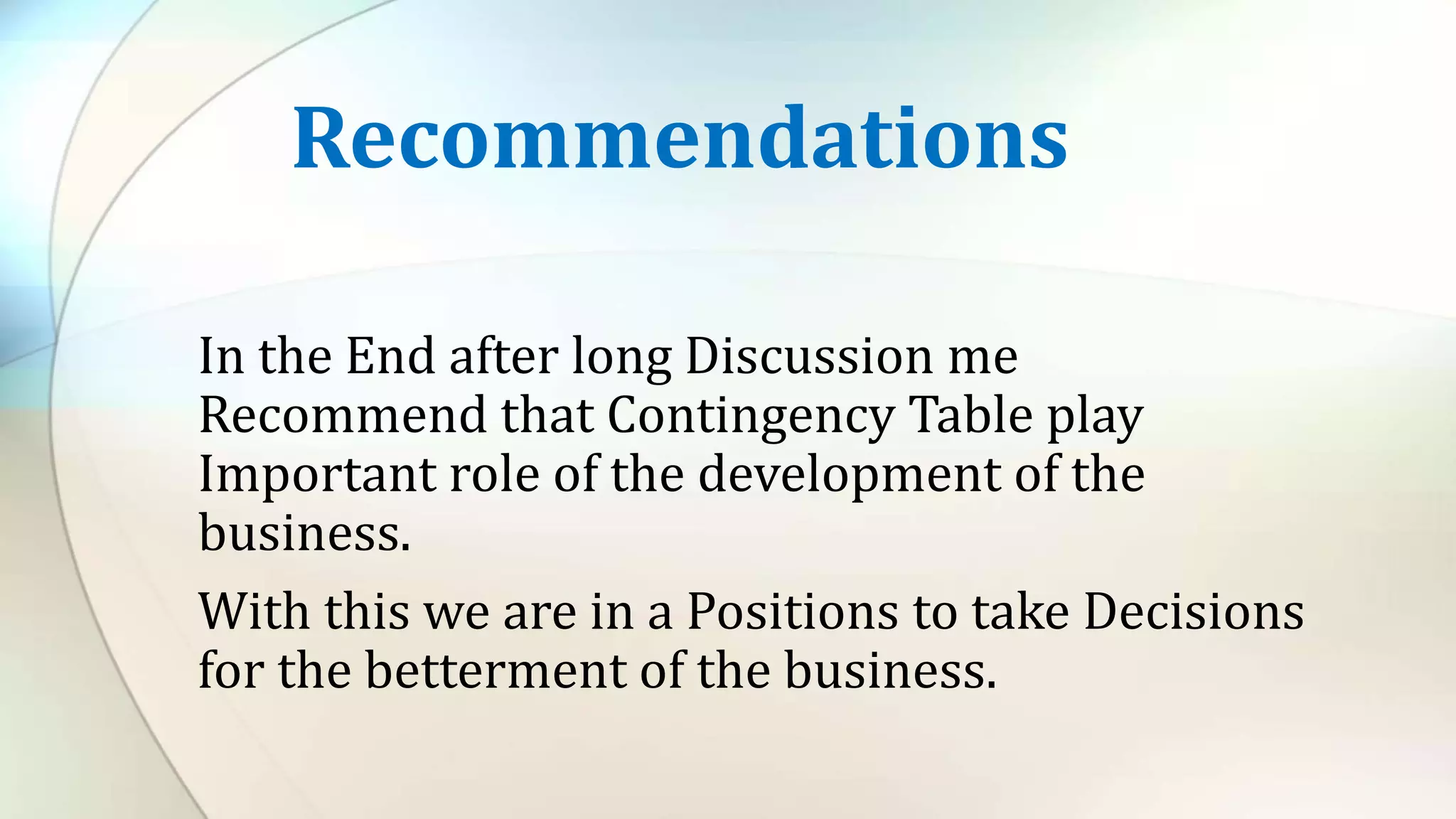 In the End after long Discussion me
Recommend that Contingency Table play
Important role of the development of the
business.
With this we are in a Positions to take Decisions
for the betterment of the business.
Recommendations
 