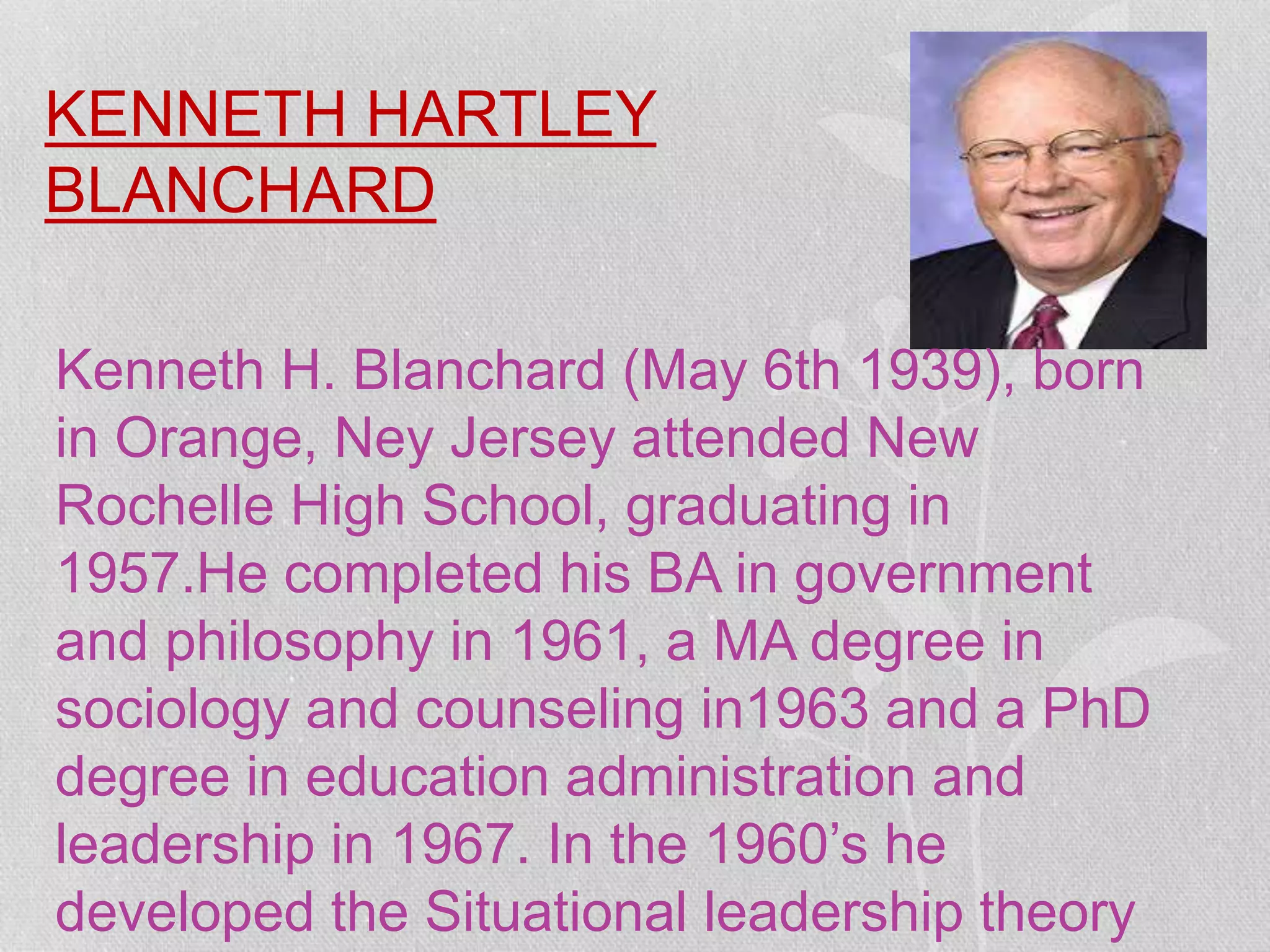KENNETH HARTLEY
BLANCHARD
Kenneth H. Blanchard (May 6th 1939), born
in Orange, Ney Jersey attended New
Rochelle High School, graduating in
1957.He completed his BA in government
and philosophy in 1961, a MA degree in
sociology and counseling in1963 and a PhD
degree in education administration and
leadership in 1967. In the 1960’s he
developed the Situational leadership theory
 