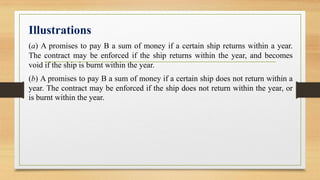 Illustrations
(a) A promises to pay B a sum of money if a certain ship returns within a year.
The contract may be enforced if the ship returns within the year, and becomes
void if the ship is burnt within the year.
(b) A promises to pay B a sum of money if a certain ship does not return within a
year. The contract may be enforced if the ship does not return within the year, or
is burnt within the year.
 