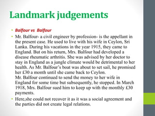 Landmark judgements
• Balfour vs Balfour
• Mr. Balfour- a civil engineer by profession- is the appellant in
the present case. He used to live with his wife in Ceylon, Sri
Lanka. During his vacations in the year 1915, they came to
England. But on his return, Mrs. Balfour had developed a
disease rheumatic arthritis. She was advised by her doctor to
stay in England as a jungle climate would be detrimental to her
health. As Mr. Balfour’s boat was about to set sail, he promised
her £30 a month until she came back to Ceylon.
Mr. Balfour continued to send the money to her wife in
England for some time but subsequently, he stopped. In March
1918, Mrs. Balfour sued him to keep up with the monthly £30
payments.
• Here,she could not recover it as it was a social agreement and
the parties did not create legal relations.
 