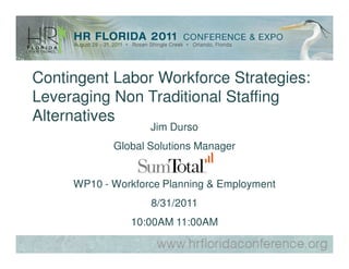 Contingent Labor Workforce Strategies:
Leveraging Non Traditional Staffing
Alternatives
                   Jim Durso
            Global Solutions Manager


     WP10 - Workforce Planning & Employment
                   8/31/2011
               10:00AM 11:00AM
 