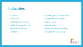 Industries
• Education
• Event Staff
• Facilities & Maintenance
• Field & Consumer Services
• Healthcare &Wellness
• Hospitality
• Technology & Communications
• Transformation & Growth
• Legal Services
• Manufacturing
• Animation/Media/Publishing
• Transportation & Logistics
 