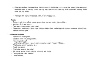 Other vocabulary: It’s dinner time, behind the door, inside the clock, under the stairs, in the wardrobe,
under the bed, in the box, under the rug, hug, watch out! It’s too big, Is it too small?, hooray!, shell,
slow, fast, up, down, …
Feelings: I’m angry, I’m scared, calm, in love, happy, sad.
Repàs:
- Colours: red, pink, yellow, purple, green, blue, orange, brown, black, white…
- Numbers: 0-10 and more…
- Face: ears, nose,mouth, eyes, head
- Classroom vocabulary: Boys, girls, children, table, chair, basket, pencils, colours, markers, school bag,
papers,scissors,glue …
Classroom routines:
- Hello! Good morning! Hi!
- Goodbye , Bye bye, see you later.
- How are you today?
- I am fine / great / happy / good / sad / wonderful / angry / hungry / thirsty…
- What’s your name? My name is….
- Thank you, sorry.
- What’s the weather like today?
- It is sunny, windy, cloudy, raining, storming, and foggy.
- Can I go to the toilet, please?
- I have finished.
 