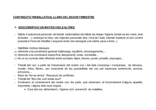 CONTINGUTS TREBALLATSAL LLARG DEL SEGON TRIMESTRE
1- DESCOBERTAD´UN MATEIX IDELS ALTRES
- Hàbits d´autonomia personal i de treball: sistematitzar els hàbits de neteja i higiene (rentar-se les mans, anar
al lavabo ...), endreçar la roba i els objectes personals dins i fora de l´aula. Intentar mantenir un bon control
postural a l´hora de treballar ( esquena recta, ben asseguts a la cadira, peus a terra...)
- Habilitats motrius bàsiques:
a) referents a la coordinació general: balanceigs, equilibris, arrossegaments,...
b) referents a la coordinació específica: llançaments, botar, encistellar...
c) fer un ús correcte dels diferents estris escolars: llapis, tisores, punxó, pinzells, esponges...
- Treball del cos: a partir de l'observació del nostre cos i del dels companys i companyes, de dibuixos,
murals, fotos, llibres.. ser conscients de les possibilitats del cos per expressar sentiments, accions,
emocions,...
- Racó de “fer-se amics”. Resolució de conflictes.
- Treball del “Bon dia ,com estàs avui?
- Continuem el coneixement del nostre cos: les parts, què observem, el funcionament d’alguns aparells,
importants, i alguns dels seus òrgans.
Cura del cos: alimentació i higiene com prevenció de malalties.
 