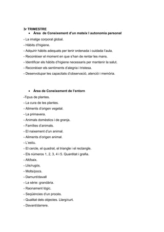 3r TRIMESTRE
   • Àrea de Coneixement d’un mateix I autonomia personal
- La imatge corporal global.
- Hàbits d’higiene.
- ...