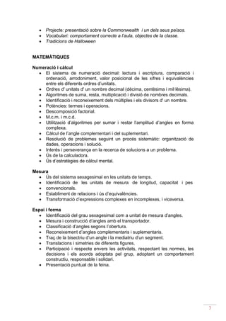 • Projecte: presentació sobre la Commonwealth i un dels seus països.
   • Vocabulari: comportament correcte a l’aula, objectes de la classe.
   • Tradicions de Halloween


MATEMÀTIQUES

Numeració i càlcul
  • El sistema de numeració decimal: lectura i escriptura, comparació i
     ordenació, arrodoniment, valor posicional de les xifres i equivalències
     entre els diferents ordres d’unitats.
  • Ordres d' unitats d' un nombre decimal (dècima, centèsima i mil·lèsima).
  • Algoritmes de suma, resta, multiplicació i divisió de nombres decimals.
  • Identificació i reconeixement dels múltiples i els divisors d' un nombre.
  • Potències: termes i operacions.
  • Descomposició factorial.
  • M.c.m. i m.c.d.
  • Utilització d’algoritmes per sumar i restar l’amplitud d’angles en forma
     complexa.
  • Càlcul de l’angle complementari i del suplementari.
  • Resolució de problemes seguint un procés sistemàtic: organització de
     dades, operacions i solució.
  • Interès i perseverança en la recerca de solucions a un problema.
  • Ús de la calculadora.
  • Ús d’estratègies de càlcul mental.

Mesura
  • Ús del sistema sexagesimal en les unitats de temps.
  • Identificació de les unitats de mesura de longitud, capacitat i pes
  • convencionals.
  • Establiment de relacions i ús d’equivalències.
  • Transformació d’expressions complexes en incomplexes, i viceversa.

Espai i forma
  • Identificació del grau sexagesimal com a unitat de mesura d’angles.
  • Mesura i construcció d’angles amb el transportador.
  • Classificació d’angles segons l’obertura.
  • Reconeixement d’angles complementaris i suplementaris.
  • Traç de la bisectriu d’un angle i la mediatriu d’un segment.
  • Translacions i simetries de diferents figures.
  • Participació i respecte envers les activitats, respectant les normes, les
      decisions i els acords adoptats pel grup, adoptant un comportament
      constructiu, responsable i solidari.
  • Presentació puntual de la feina.




                                                                                3
 