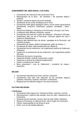 CONEIXEMENT DEL MEDI SOCIAL I CULTURAL

   •   Coneixement de l’estructura i les zones de la Terra.
   •   Representació de la terra: els meridians i els paral·lels (latitud i
       longitud).
   •   Situació i orientació segons els punts cardinals.
   •   Identificació de les zones climàtiques de la Terra.
   •   Coneixement dels agents geològics interns i de les seves repercussions
       (terratrèmols, erupcions volcàniques, guèisers, serralades i plecs i
       falles).
   •   Situació de Catalunya i d’Espanya a la Península, a Europa i a la Terra.
   •   Localització dels diferents continents i oceans.
   •   Coneixement del medi físic i polític de Catalunya, d’Espanya i d’Europa.
   •   Classificació dels rius de la Península i d’Europa segons els mars o
       oceans on desemboquen.
   •   Distinció dels diferents tipus de climes i paisatges de la Península i del
       continent europeu.
   •   Interpretació de mapes i gràfics (climogrames, gràfic de sectors...).
   •   Ús adequat de l’atles i dels procediments per utilitzar-lo.
   •   Coneixement de les institucions i de l’organització política de Catalunya i
       d’Espanya.
   •   Iniciació en el coneixement de les institucions i de l’organització política
       d’Europa.
   •   Elaboració de resums i esquemes.
   •   Adquisició d’hàbits i actituds d’observació i anàlisi.
   •   Interès per la recerca de material complementari.
   •   Interès i constància per l’estudi.
   •   Bona presentació i cura en l’elaboració i compleció de mapes i
       esquemes.


RELIGIÓ

   •   Coneixement dels llibres de l’Antic i del Nou Testament.
   •   Coneixement dels trets més rellevants de les principals religions:
       judaisme, islamisme, budisme, hinduisme, cristianisme.
   •   Respecte per les diferents religions i les seves creences.


CULTURA RELIGIOSA

L’Hinduisme
   • Coneixement dels orígens de l’ Hinduisme: llibres, creences i normes.
   • Reconeixement i distinció dels temples, llocs de culte i celebracions de
      l’hinduisme.
   • Respecte per les creences, normes, llocs de culte, festes i tradicions.
   • Recerca d’informació, en diferents fonts, sobre l’origen de l’hinduisme.
   • Interès i responsabilitat en les feines en grup.
   • Ordre i cura en els treballs elaborats.


                                                                                      5
 