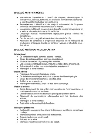 EDUCACIÓ ARTÍSTICA: MÚSICA

    •   Interpretació, improvisació i creació de cançons, desenvolupant la
        tècnica vocal, la dicció, l’afinació, les tècniques instrumentals i corporals i
        la coordinació tant individual com col·lectiva.
    •   Reconeixement i identificació del conjunt instrumental de l’orquestra
        simfònica així com dels instruments que la formen.
    •   Incorporació i utilització progressiva de la grafia musical convencional en
        la lectura, interpretació i creació de partitures.
    •   Llenguatge musical: reconeixement, reproducció gràfica i rítmica del
        contratemps.
    •   Escolta, reproducció gràfica i vocal dels intervals de 3a i 5a.
    •   Adquisició de constància i progressiva exigència en la realització de
        produccions artístiques. Interès per conèixer i valorar el fet artístic propi i
        dels altres.

EDUCACIÓ ARTÍSTICA: VISUAL I PLÀSTICA

Dibuix lineal
   • Ús correcte del regle, compàs, escaire i cartabó.
   • Dibuix de rectes paral·leles sobre un pla establert.
   • El cercle: fer cercles i figures regulars inscrites.
   • Les sèries geomètriques: dibuix, mesura correcta i bona presentació.
   • Aplicació pràctica dels conceptes treballats anteriorment.
   • Interès per la feina ben feta.
.


Dibuix artístic
   • Pràctica de l’ombrejat i l’escala de grisos.
   • Ús de l’eix de simetria per a dibuixar objectes de diferent tipologia.
   • Dibuix de diferents temes (fulles, objectes, etc.)
   • Anàlisi de les proporcions.
   • Interès pel treball creatiu propi i el dels altres companys.
Treball d’artistes
   • Cerca d’informació de tres pintors representatius de l’impressionisme, el
      postimpressionisme i el fauvisme.
   • Descoberta i anàlisi de les tècniques plàstiques que feien servir.
   • Elaboració de composicions relacionades amb les tècniques dels
      artistes.
   • Interès per la feina ben feta.
   • Originalitat en la producció de les obres.

Tècniques plàstiques
   • Exploració i coneixement de diferents tècniques: puntillisme, ceres toves
      i collage.
   • Interès i originalitat en la producció de les obres.
   • Creació i autonomia en el treball.
   • Polidesa en la feina.
   • Interès en recollir i deixar net el lloc de treball.




                                                                                          6
 