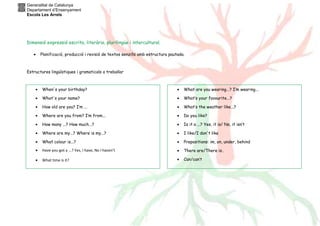 Generalitat de Catalunya
Departament d’Ensenyament
Escola Les Arrels

Dimensió expressió escrita, literària, plurilingüe i intercultural.
•

Planificació, producció i revisió de textos senzills amb estructura pautada.

Estructures lingüístiques i gramaticals a treballar

•

When's your birthday?

•

What are you wearing...? I’m wearing...

•

What's your name?

•

What’s your favourite...?

•

How old are you? I’m ...

•

What’s the weather like...?

•

Where are you from? I’m from...

•

Do you like?

•

How many ...? How much...?

•

Is it a ...? Yes, it is/ No, it isn’t

•

Where are my...? Where is my...?

•

I like/I don't like

•

What colour is...?

•

Prepositions: im, on, under, behind

•

Have you got a ...? Yes, I have, No I haven’t

•

There are/There is..

•

What time is it?

•

Can/can’t

 