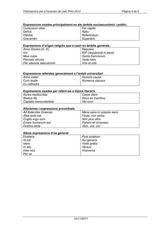 Orientacions per a l’examen de Llatí. PAU 2012                               Pàgina 4 de 5



Expressions usades principalment en els àmbits socioeconòmic i polític.
Curriculum vitae                       Per capita
Dèficit                                Ràtio
Hàbitat                                Referèndum
Gravamen                               Superàvit

Expressions d’origen religiós que s’usen en àmbits generals.
Anno Domini (A. D)                       Rèquiem
Inri                                     RIP (requiescat in pace)
Mea culpa                                Santa Sanctorum
Peccata minuta                           Vade retro
Per saecula saeculorum                   Vrbi et orbi


Expressions referides generalment a l’àmbit universitari
Alma mater                              Honoris causa
Cum laude                               Numerus clausus
Ex cathedra

Expressions usades per referir-se a tòpics literaris
Aurea mediocritas                        Carpe diem
Beatus ille                              Deus ex machina
Captatio benevolentiae                   Vbi sunt

Aforismes i expressions proverbials
Ad Kalendas Graecas                              Mens sana in corpore sano
Alea iacta est                                   Facta, non verba
Cogito ergo sum                                  Non plus ultra
Errare humanum est                               Panem et circenses
Festina lente                                    Veni, vidi, vici

Altres expressions d’ús general
Etcètera                                         Post scriptum
Id est                                           Sui generis
Idem                                             Verbi gratia
In situ                                          Versus
Inter nos                                        Viceversa
Per se




                                        03/11/2011
 
