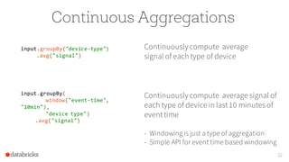 Continuous Aggregations
Continuously compute average
signal of each type of device
22
input.groupBy("device-type")
.avg("signal")
input.groupBy(
window("event-time",
"10min"),
"device type")
.avg("signal")
Continuously compute average signal of
each type of device in last10 minutesof
eventtime
- Windowing is just a type of aggregation
- Simple API for event time based windowing
 