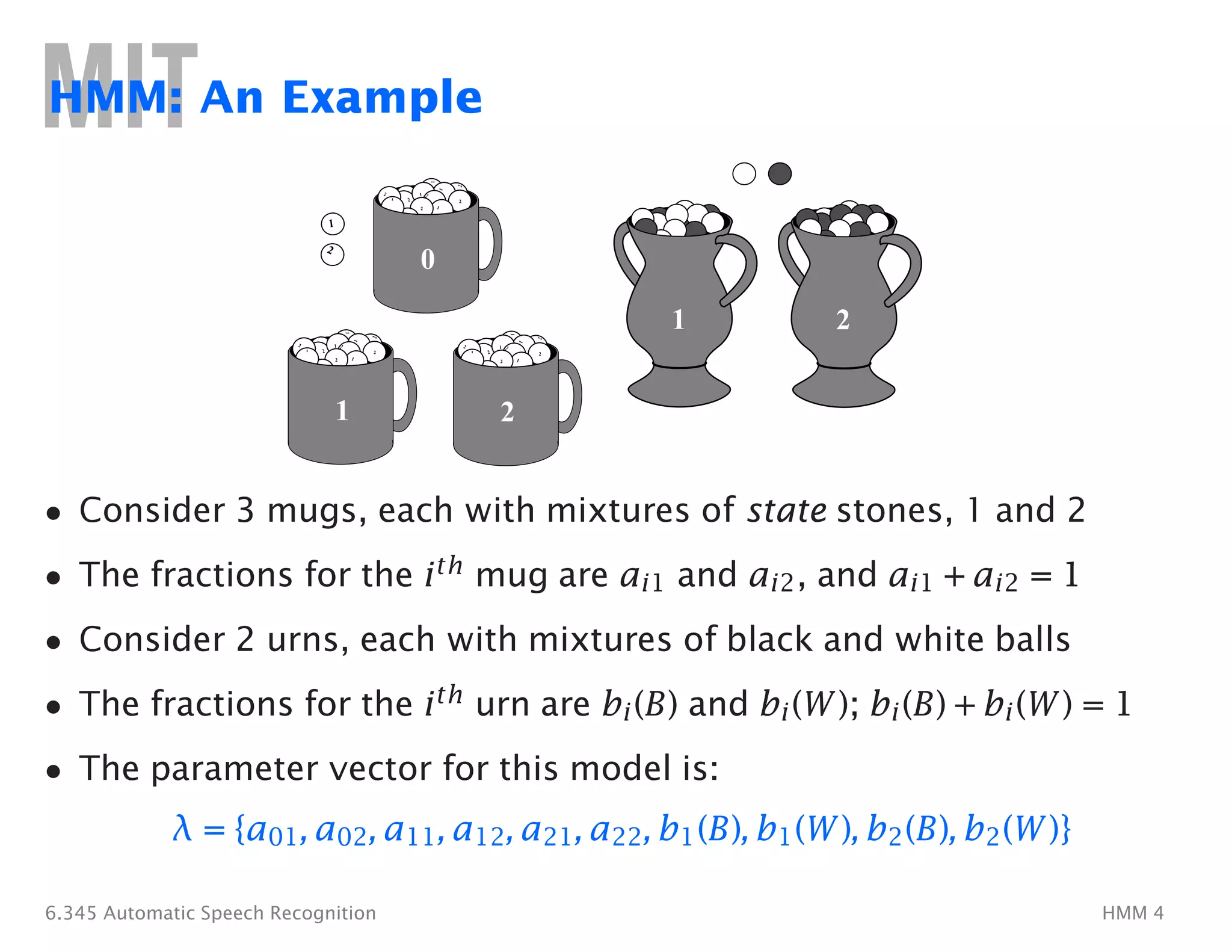 HMM: An Example
2
2
2
1
1
1
1
2
2
1
2
0
2
2
2
1
1
1
1
2
2
1
2
1
2
2
2
1
1
1
1
2
2
1
2
2
1 2
1
2
• Consider 3 mugs, each with mixtures of state stones, 1 and 2
• The fractions for the ith mug are ai1 and ai2, and ai1 + ai2 = 1
• Consider 2 urns, each with mixtures of black and white balls
• The fractions for the ith urn are bi(B) and bi(W); bi(B) + bi(W) = 1
•	 The parameter vector for this model is:
λ = {a01, a02, a11, a12, a21, a22, b1(B), b1(W), b2(B), b2(W)}
6.345 Automatic Speech Recognition HMM 4
 