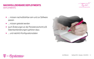 NACHVOLLZIEHBARE DEPLOYMENTS
DEPLOYMENTS
▶ … müssen nachvollziehbar sein und zur Software
passen
▶ … müssen getestet werden
▶ auch Änderungen an der Persistenzschicht (z.B.
Datenbankänderungen) gehören dazu
▶ … und natürlich Konfigurationsdaten
Jan Dittberner DevDay 2016 – Dresden, 12.04.2016 11
 