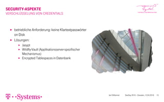 SECURITY-ASPEKTE
VERSCHLÜSSELUNG VON CREDENTIALS
▶ betriebliche Anforderung: keine Klartextpasswörter
on Disk
▶ Lösungen:
▶ Jasypt
▶ Wildfly-Vault (Applikationsserver-spezifischer
Mechanismus)
▶ Encrypted Tablespaces in Datenbank
Jan Dittberner DevDay 2016 – Dresden, 12.04.2016 15
 