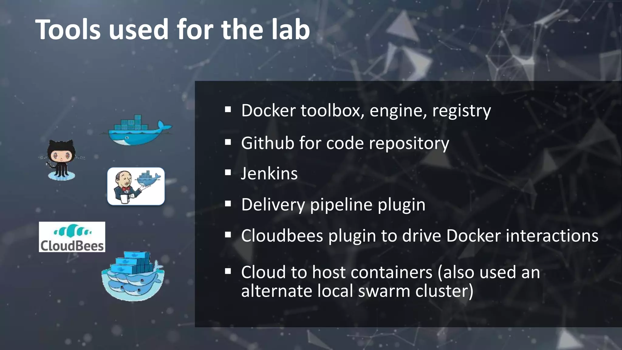 Tools used for the lab
 Docker toolbox, engine, registry
 Github for code repository
 Jenkins
 Delivery pipeline plugin
 Cloudbees plugin to drive Docker interactions
 Cloud to host containers (also used an
alternate local swarm cluster)
 
