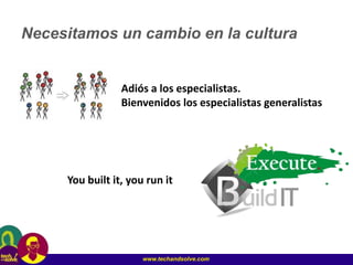 www.techandsolve.com
Necesitamos un cambio en la cultura
Adiós a los especialistas.
Bienvenidos los especialistas generalistas
You built it, you run it
 