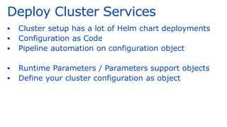 Deploy Cluster Services
▪ Cluster setup has a lot of Helm chart deployments
▪ Configuration as Code
▪ Pipeline automation on configuration object
▪ Runtime Parameters / Parameters support objects
▪ Define your cluster configuration as object
 