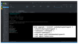 helm upgrade --install azdodeploymentagent 
.chartsdeploymentagent 
--namespace azdoagent 
--create-namespace 
--set agent.pool=k8sdemodeployment
--set agent.token=xxxx
 