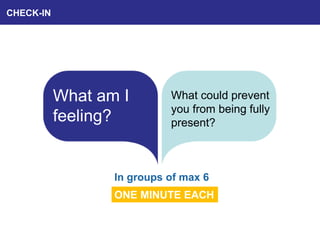 CHECK-IN
What am I
feeling?
What could prevent
you from being fully
present?
In groups of max 6
ONE MINUTE EACH
 