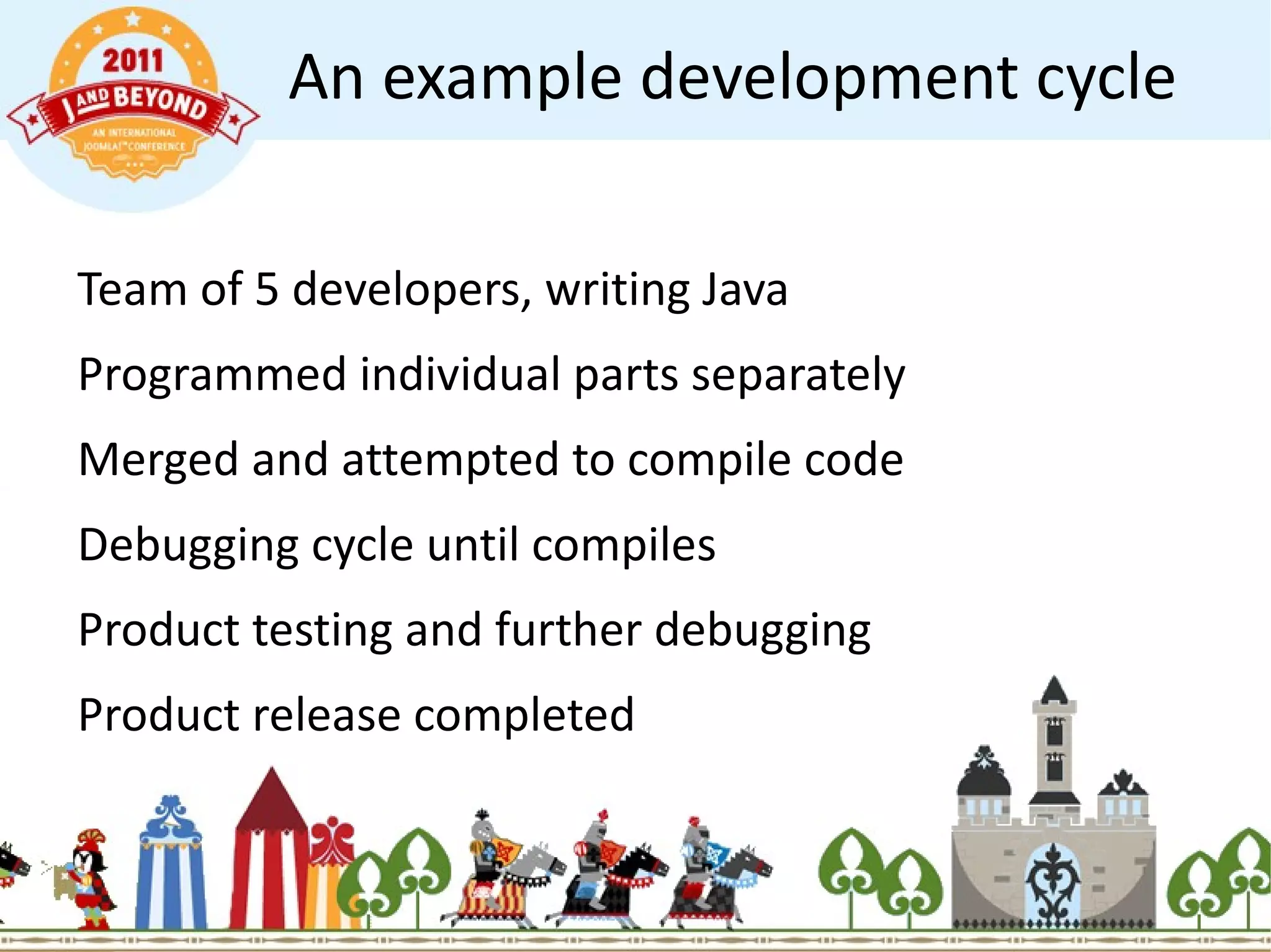 An example development cycle Team of 5 developers, writing Java  