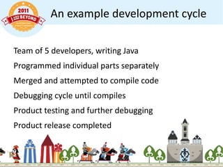 An example development cycle Team of 5 developers, writing Java  