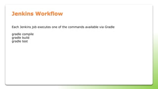 Jenkins Workflow
Each Jenkins job executes one of the commands available via Gradle
gradle compile
gradle build
gradle test
 