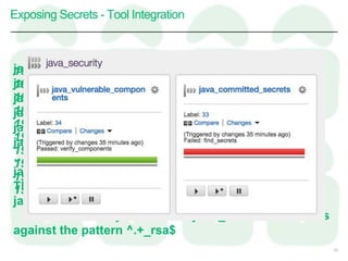 Exposing Secrets - Tool Integration
33
19:54:42.329 :findSecrets FAILED
19:54:42.336
19:54:42.336 BUILD FAILED
19:54:42.336
19:54:42.336 Total time: 3.085 secs
19:54:42.339
19:54:42.339 FAILURE: Build failed with an exception.
19:54:42.339
19:54:42.339 * What went wrong:
19:54:42.339 Execution failed for task ':findSecrets'.
java/build.gradle
java/gradle/wrapper/gradle-wrapper.jar
java/gradle/wrapper/gradle-wrapper.properties
java/gradlew
java/gradlew.bat
java/notReallyAn._rsa
…
java/src/vulnerableCheckSuppression.xml
The following errors were detected in
java/notReallyAn._rsa
The file name "java/notReallyAn._rsa" failed checks
against the pattern ^.+_rsa$
 