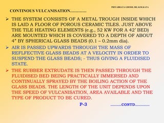 PRIYABRATA GHOSH, IRI, KOLKATA
CONTINOUS VULCANISATION…………
 THE SYSTEM CONSISTS OF A METAL TROUGH INSIDE WHICH
IS LAID A FLOOR OF POROUS CERAMIC TILES. JUST ABOVE
THE TILE HEATING ELEMENTS (e.g., 52 KW FOR A 42’ BED)
ARE MOUNTED WHICH IS COVERED TO A DEPTH OF ABOUT
4” BY SPHERICAL GLASS BEADS (0.1 – 0.2mm dia).
 AIR IS PASSED UPWARDS THROUGH THE MASS OF
REFLFECTIVE GLASS BEADS AT A VELOCITY IN ORDER TO
SUSPEND THE GLASS BEADS; - THUS GIVING A FLUIDISED
STATE.
 THE RUBBER EXTRUDATE IS THEN PASSED THROUGH THE
FLUIDISED BED BEING PRACTICALLY IMMERSED AND
CONTINUALLY SPRAYED BY THE BOILING ACTION OF THE
GLASS BEADS. THE LENGTH OF THE UNIT DEPENDS UPON
THE SPEED OF VULCANISATION, AREA AVAILABLE AND THE
TYPE OF PRODUCT TO BE CURED.
P-3 ………CONTD…………
 