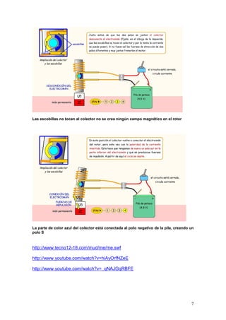 7
Las escobillas no tocan al colector no se crea ningún campo magnético en el rotor
La parte de color azul del colector está conectada al polo negativo de la pila, creando un
polo S
http://www.tecno12-18.com/mud/me/me.swf
http://www.youtube.com/watch?v=hiAyOrfNZeE
http://www.youtube.com/watch?v=_qNAJGqRBFE
 