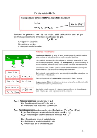 9
Por otro lado Φ= K2. Iex
Caso particular para un motor con excitación en serie
Ii = Iex
Φ= K2. Iex = Φ= K2. Ii
También la potencia útil de un motor está relacionada con el par
electromagnético interno a través de la velocidad de giro.
Pu
= Mi
· ω
Pu
= la potencia útil (en W)
Mi = par interno (en N·m)
ω = velocidad angular (en rad/s)
Pabs = Potencia absorbida por el motor = U. I
U = Tensión de alimentación del motor
I = Intensidad total absorbida por el motor
Pcu = Pérdidas por calor en las resistencias. Se divide en (Pcu = Pcu1 + Pcu2)
Pcu1 = Pérdidas por calor en el circuito inductor = Rex . Iex
2
Pcu2 = Pérdidas por calor en el circuito inducido = Ri . Ii
2
Rex = Resistencia en el circuito inductor
Ri = Resistencia en el circuito inducido
Iex = Intensidad en el circuito inductor
Mi = K3 .( Ii )2
 