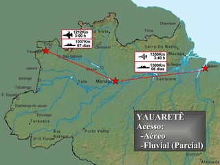 Eirunepé Ipiranga Belém São Gabriel Moura Monte Alegre Japurá Yauaretê Tunuí E. Equador Palmeiras do Javari S ta  R. Purus Tiriós Oiapoque Tabatinga Caracaraí 06 dias 1500Km 3:40 h 1350Km 07 dias 1037Km 3:00 h 1212Km YAUARETÊ Acesso: -Aéreo -Fluvial  (Parcial) 