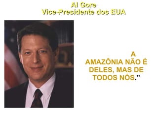 “ AO CONTRÁRIO DO QUE OS BRASILEIROS PENSAM,   A AMAZÔNIA NÃO É DELES, MAS DE TODOS NÓS .” 1989 Al Gore Vice-Presidente dos EUA 