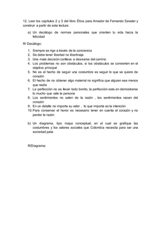 12. Leer los capítulos 2 y 3 del libro Ética para Amador de Fernando Savater y
construir a partir de esta lectura:
a) Un decálogo de normas personales que orienten tu vida hacia la
felicidad
R/ Decálogo:
1. Siempre se rige a través de la conciencia
2. Se debe tener libertad no libertinaje
3. Una mala decisión conlleva a desviarse del camino
4. Los problemas no son obstáculos, si los obstáculos se convierten en el
objetivo principal
5. No es el hecho de seguir una costumbre es seguir lo que se quiere de
corazón
6. El hecho de no obtener algo material no significa que alguien sea menos
que nadie
7. La perfección no es llevar todo bonito, la perfección esta en demostrarse
lo mucho que vale la persona
8. Los sentimientos no salen de la razón , los sentimientos nacen del
corazón
9. En un detalle no importa su valor , lo que importa es la intención
10.Para conservar el honor es necesario tener en cuenta el corazón y no
perder la razón
b) Un diagrama, tipo mapa conceptual, en el cual se grafique las
costumbres y los valores sociales que Colombia necesita para ser una
sociedad justa
R/Diagrama:
 