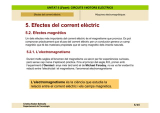 UNITAT 5 (2ªpart): CIRCUITS I MOTORS ELÈCTRICS

          Efectes del corrent elèctric
              Efectes del corrent elèctric                  Màquines electromagnètiques




  5. Efectes del corrent elèctric
  5.2. Efectes magnètics
  Un dels efectes més importants del corrent elèctric és el magnetisme que provoca. Es pot
  comprovar pràcticament que el pas del corrent elèctric per un conductor genera un camp
  magnètic que té les mateixes propietats que el camp magnètic dels imants naturals.

   5.2.1. L’electromagnetisme
   Durant molts segles el fenomen del magnetisme va servir per fer experiències curioses,
   però sense cap mena d’aplicació pràctica. Fins al principi del segle XIX, primer amb
   l’experiment d’Oersted i anys més tard amb el de Michael Faraday, no es va fer evident la
   relació entre l’electricitat i el magnetisme, l’anomenat electromagnetisme




       L’electromagnetisme és la ciència que estudia la
       relació entre el corrent elèctric i els camps magnètics.




Cristina Rodon Balmaña
                                                                                               5/15
Departament de Tecnologia
 