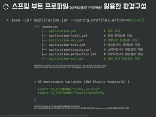 └── resources
├── application.yml #
├── application-local.yml #
├── application-dev.yml #
├── application-test.yml #
├── application-staging.yml #
├── application-production.yml #
└── application-ec2.yml # AWS EC2
> java -jar application.jar --spring.profiles.active=dev,ec2
+ OS environment variables (AWS Elastic Beanstalk) {
export DB_USERNAME="order_service"
export DB_PASSWORD="7%wo9;ttArRYMfYp"
}
https://docs.spring.io/spring-boot/docs/current/reference/html/boot-features-external-config.html
 