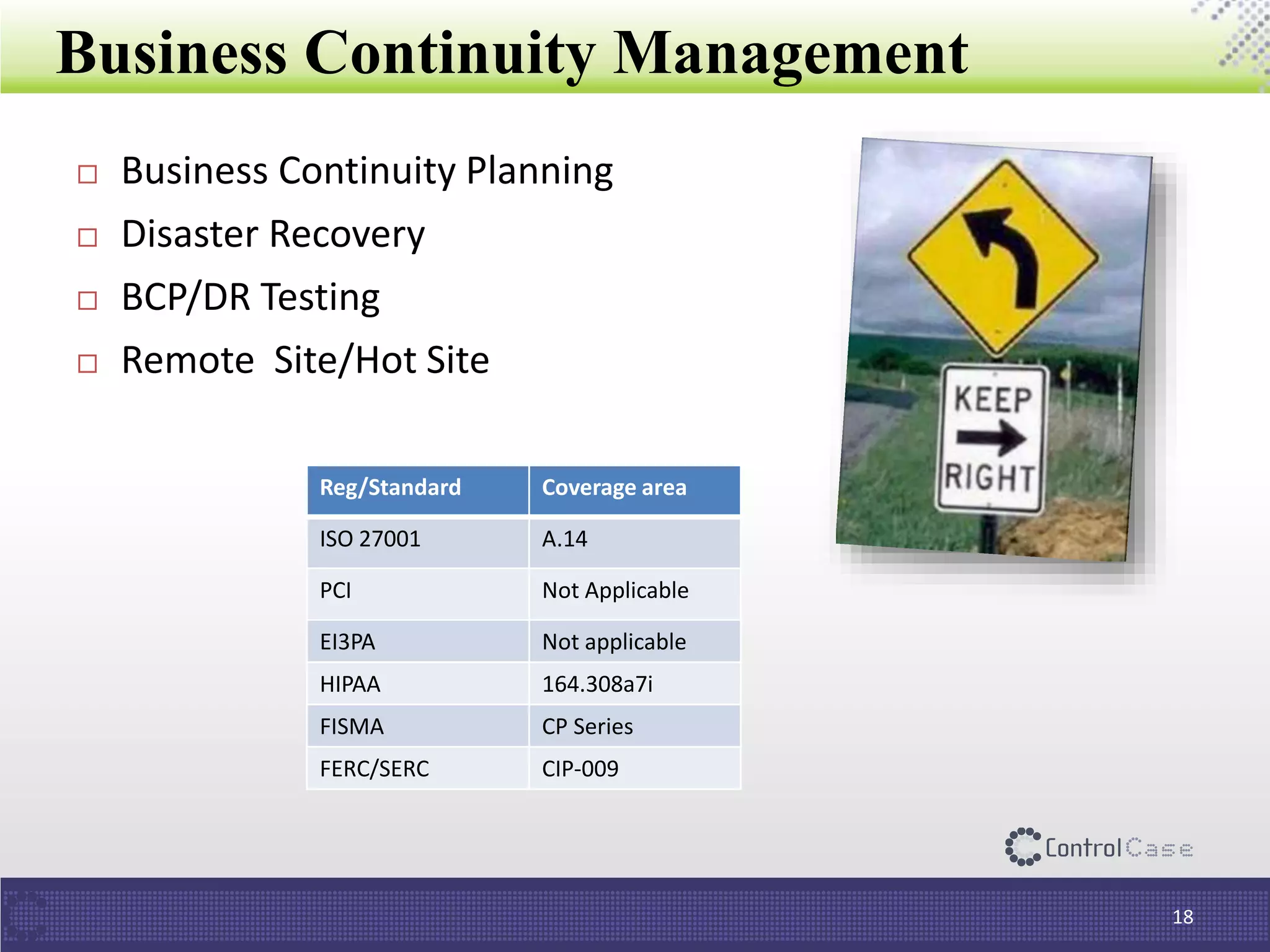 Business Continuity Management
18
 Business Continuity Planning
 Disaster Recovery
 BCP/DR Testing
 Remote Site/Hot Site
Reg/Standard Coverage area
ISO 27001 A.14
PCI Not Applicable
EI3PA Not applicable
HIPAA 164.308a7i
FISMA CP Series
FERC/SERC CIP-009
 