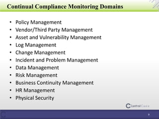 Continual Compliance Monitoring Domains
• Policy Management
• Vendor/Third Party Management
• Asset and Vulnerability Management
• Log Management
• Change Management
• Incident and Problem Management
• Data Management
• Risk Management
• Business Continuity Management
• HR Management
• Physical Security
9
 