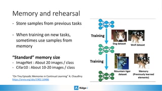 Memory and rehearsal
- Store samples from previous tasks
- When training on new tasks,
sometimes use samples from
memory
“Standard” memory size
- ImageNet : About 20 images / class
- Cifar10 : About 10-20 images / class
“On Tiny Episodic Memories in Continual Learning” A. Chaudhry
https://arxiv.org/abs/1902.10486
 