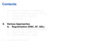 Contents
I. Concepts of Continual Learning
A. Problem Definition (data, metric)
B. Catastrophic Forgetting
C. Desiderata
II. Various Approaches
A. Regularization (EWC, SI*, SSL)
B. Dynamic Architectures (PN, DEN)
C. Dual-Memory (PCN, GR)
D. Others (IMM, VCL, GEM)
III. Research Direction
 