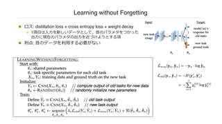 Learning without Forgetting
n ロス: distillation loss + cross entropy loss + weight decay
n 1項⽬は⼊⼒を新しいデータとして，昔のパラメタをつかった
出⼒に現在のパラメタの出⼒を近づけようとする項
n 利点: 昔のデータを利⽤する必要がない
 