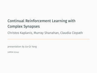 Continual Reinforcement Learning with
Complex Synapses
Christos Kaplanis, Murray Shanahan, Claudia Clopath
presentation by Jia-Qi Yang
LAMDA Group
 
