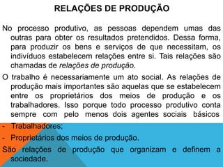 RELAÇÕES DE PRODUÇÃO

No processo produtivo, as pessoas dependem umas das
  outras para obter os resultados pretendidos. Dessa forma,
  para produzir os bens e serviços de que necessitam, os
  indivíduos estabelecem relações entre si. Tais relações são
  chamadas de relações de produção.
O trabalho é necessariamente um ato social. As relações de
  produção mais importantes são aquelas que se estabelecem
  entre os proprietários dos meios de produção e os
  trabalhadores. Isso porque todo processo produtivo conta
  sempre com pelo menos dois agentes sociais básicos
- Trabalhadores;
- Proprietários dos meios de produção.
São relações de produção que organizam e definem a
  sociedade.
 