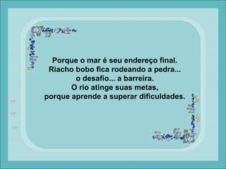 Porque o mar é seu endereço final.
Riacho bobo fica rodeando a pedra...
o desafio... a barreira.
O rio atinge suas metas,
porque aprende a superar dificuldades.
 
