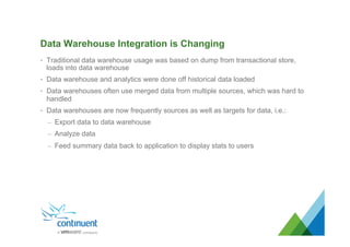 Data Warehouse Integration is Changing
•  Traditional data warehouse usage was based on dump from transactional store,
loads into data warehouse
•  Data warehouse and analytics were done off historical data loaded
•  Data warehouses often use merged data from multiple sources, which was hard to
handled
•  Data warehouses are now frequently sources as well as targets for data, i.e.:
–  Export data to data warehouse
–  Analyze data
–  Feed summary data back to application to display stats to users
 