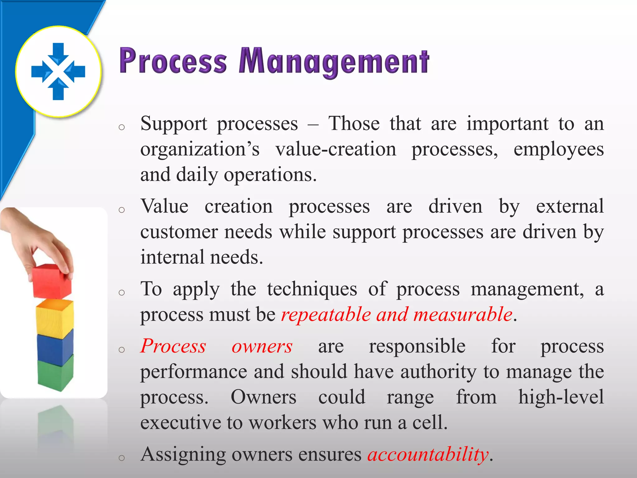 o   Support processes – Those that are important to an
    organization’s value-creation processes, employees
    and daily operations.
o   Value creation processes are driven by external
    customer needs while support processes are driven by
    internal needs.
o   To apply the techniques of process management, a
    process must be repeatable and measurable.
o   Process owners are responsible for process
    performance and should have authority to manage the
    process. Owners could range from high-level
    executive to workers who run a cell.
o   Assigning owners ensures accountability.
 