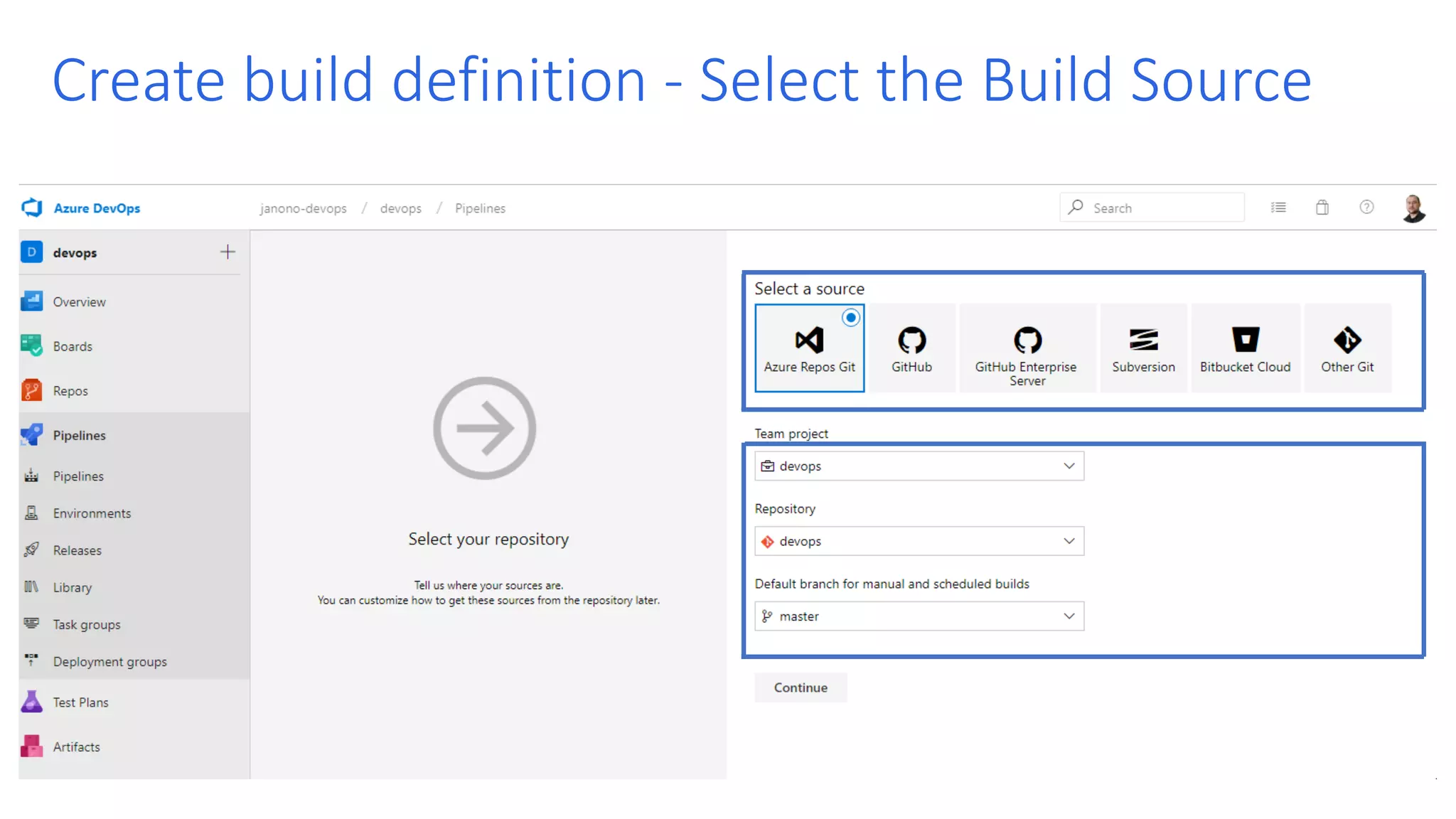 Create build definition - Select the Build Source 