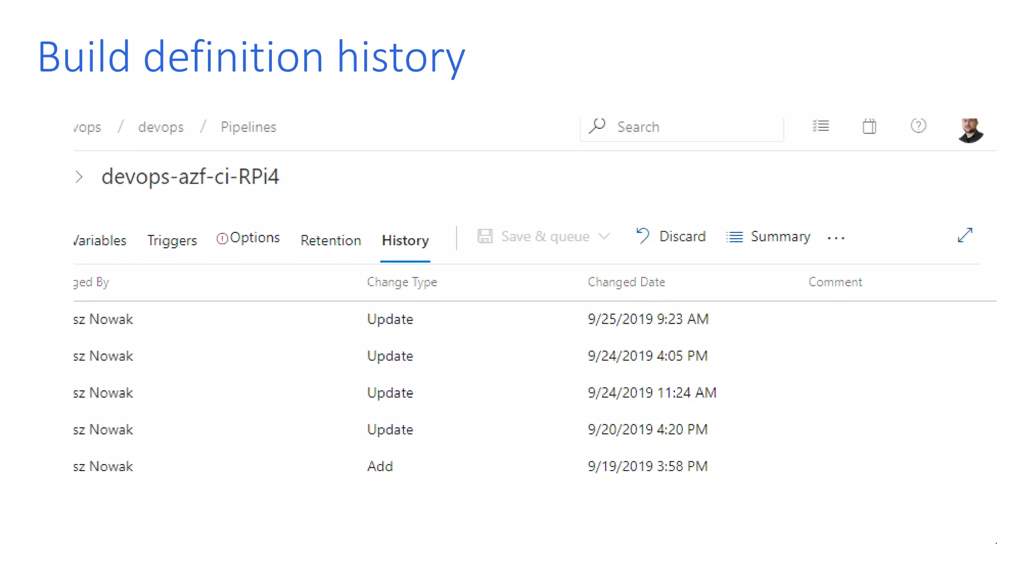 Build definition history 