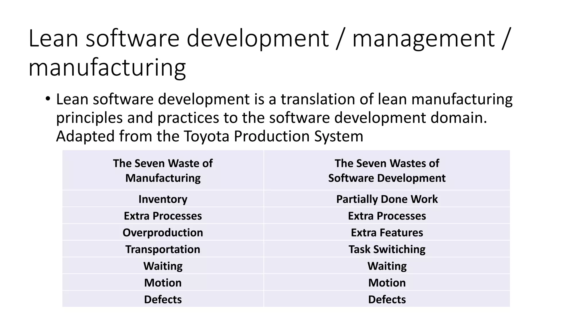 Lean software development / management / manufacturing • Lean software development is a translation of lean manufacturing principles and practices to the software development domain. Adapted from the Toyota Production System The Seven Waste of Manufacturing The Seven Wastes of Software Development Inventory Partially Done Work Extra Processes Extra Processes Overproduction Extra Features Transportation Task Switiching Waiting Waiting Motion Motion Defects Defects 
