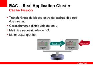 RAC – Real Application Cluster Cache Fusion Transferência de blocos entre os caches dos nós dos cluster. Gerenciamento distribuído de lock. Minimiza necessidade de I/O. Maior desempenho. Database N ó  1 Database  buffers Database  buffers N ó  2 Requisi ç ão Data Transfer 
