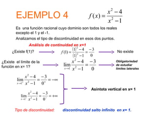 EJEMPLO 4

x2 − 4
f ( x) = 2
x −1

Es una función racional cuyo dominio son todos los reales
excepto el 1 y el -1.
Analizamos el tipo de discontinuidad en esos dos puntos.
Análisis de continuidad en x=1
¿Existe f(1)?
¿Existe el límite de la
función en x= 1?

(1) 2 − 4 = − 3
f (1) = 2
(1) − 1 0

x2 − 4 − 3
lim 2
=
x →1 x − 1
0

No existe
Obligatoriedad
de estudiar
límites laterales

x2 − 4 − 3
lim 2
= + = −∞
+
x →1 x − 1
0
x −4 −3
=
= +∞
x 2 − 1 0−
2

lim
−

x →1

Tipo de discontinuidad:

Asíntota vertical en x= 1

discontinuidad salto infinito en x= 1.

 